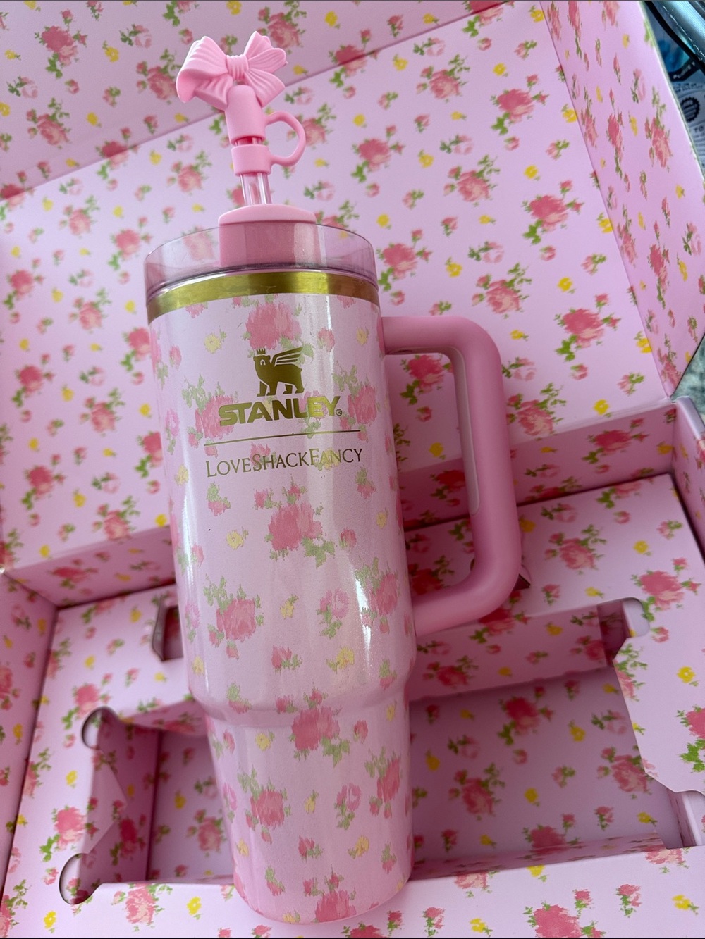 Love Shack Fancy Stanley Collab 30oz Pink Floral Tumbler with Bow Straw Topper - Picture 12 of 14